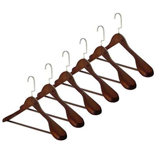 High-Grade Wide Shoulder Wooden Hangers 6 Pack with Non Slip Pants Bar - Smooth Finish Solid Wood Suit Hanger Coat Hanger, Holds Upto 20lbs, 360° Swivel Hook, for Dress, Jacket, Heavy Clothes Hangers