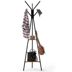 Homfa Coat Rack Stand 71 inch with 9 Hooks and 2-Tier Storage Shelves, Free Standing Industrial Hall Tree Clothes Hanger for Hat, Bag, Accent Metal Frame Vintage