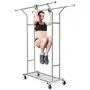 Bextsware Clothes Garment Rack On Wheels, Expandable Double Rails Heavy Duty Commercial Grade Hanging Clothes Organizer Stand Clothing Rack with Mesh Bottom Shelves for Boxes Shoes Storage, Chrome