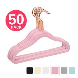 MIZGI Premium Kids Velvet Hangers (Pack of 50) with Copper/Rose Gold Hooks,Space Saving Ultra Thin,Non Slip Hangers use for Childrens Skirt Dress Pants,Clothes Hangers by (Pink)