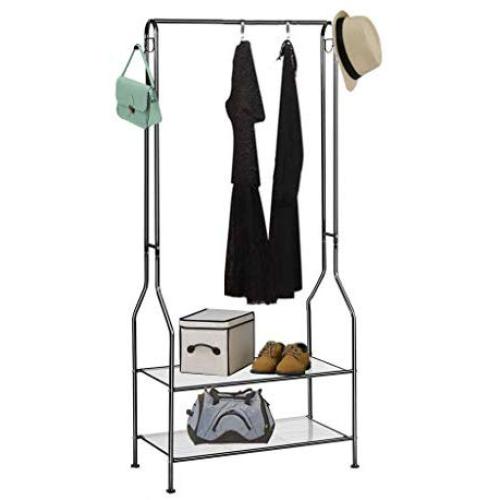 SAVICOS Clothing Garment Rack Heavy Duty Commercial Grade Clothes Stand Rack 2-Tier Entryway Metal Coat Rack and Shoe Bench Storage Stand with Single Rod Home Office Bedroom Metal Black