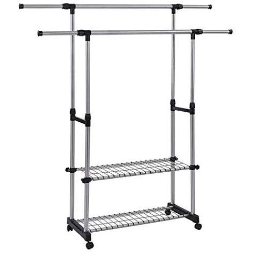 SUNPACE Clothing Garment Rack SUN014 Extendable Length Adjustable Height Hanging Rod Clothing Organizer with Meshes and Wheels
