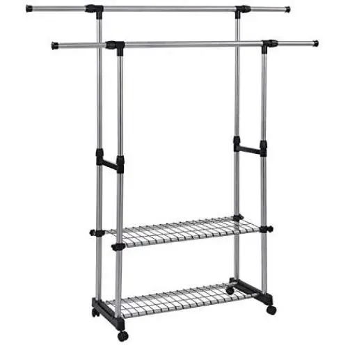 SUNPACE Clothing Garment Rack SUN014 Extendable Length Adjustable Height Hanging Rod Clothing Organizer with Meshes and Wheels SUNPACE Clothing Garment Rack SUN014 Extendable Length Adjustable Height Hanging Rod Clothing Organizer with Meshes and Wheels