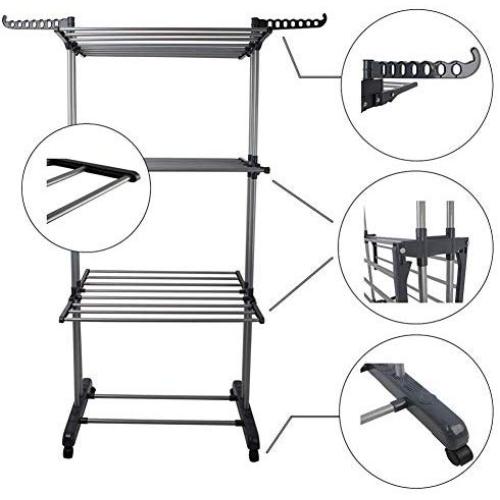 Lijuan Qin 3-Tier Rolling Clothes Drying Rack Organizer, Folding Garment Laundry Dryer Hanger Compact Steel Construction for Indoor Outdoor Cozy