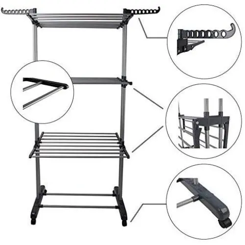 Lijuan Qin 3-Tier Rolling Clothes Drying Rack Organizer, Folding Garment Laundry Dryer Hanger Compact Steel Construction for Indoor Outdoor Cozy Lijuan Qin 3-Tier Rolling Clothes Drying Rack Organizer, Folding Garment Laundry Dryer Hanger Compact Steel Construction for Indoor Outdoor Cozy