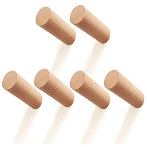 Curious Fish 6PCS 8CM Natural Solid Wooden Cylinder Column Wood Hook Wall Mounted Towel Clothes Hat Key Coat Bag Robe Scarf Hanger Bathroom Bedroom Kitchen Cupboard Living Room Hallway Minimalist