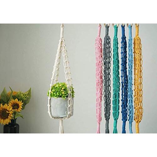 macrame plant hangers, indoor outdoor cotton wall hanging planter, yellow grey blue plant pot holder, boho chic cute style