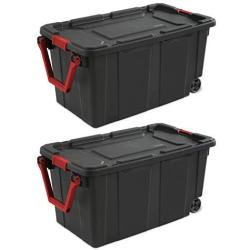 Sterilite 14699002 40 Gallon/151 Liter Wheeled Industrial Tote, Black Lid & Base w/ Racer Red Handle & Latches, 2-Pack