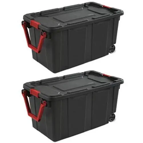 Sterilite 14699002 40 Gallon/151 Liter Wheeled Industrial Tote, Black Lid & Base w/ Racer Red Handle & Latches, 2-Pack