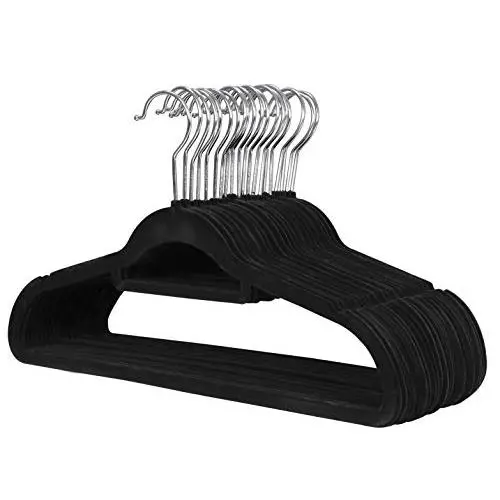 Amiff Clothes hangers Velvet hangers. Premium Quality. Pack of 10 black suit hangers 17.5 inches chrome hook. Light weight & non slip & slim portable hangers car & travel. Men & women.