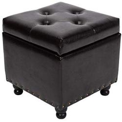 BELARDO home 17.3 Square Faux-Leather Storage Ottoman, Living Room Coffee Table, Tufted Upholstered Book Boxes with Hinged Lid Footrest Stool, Brown