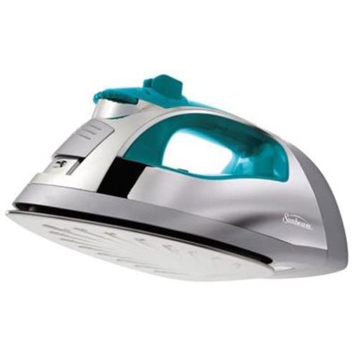 Sunbeam Steam Master 1400 Watt Large-size Anti-Drip Non-Stick Stainless Steel Soleplate Iron with Variable Steam control and 8 Retractable Cord, Chrome/Teal, GCSBSP-201-000