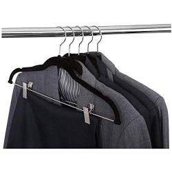 DNJKSA 8pcs Non-Slip Flocked Velvet Clothes Hangers Hooks with Clips for Coats Jackets Pants Dress Clothes (Black)