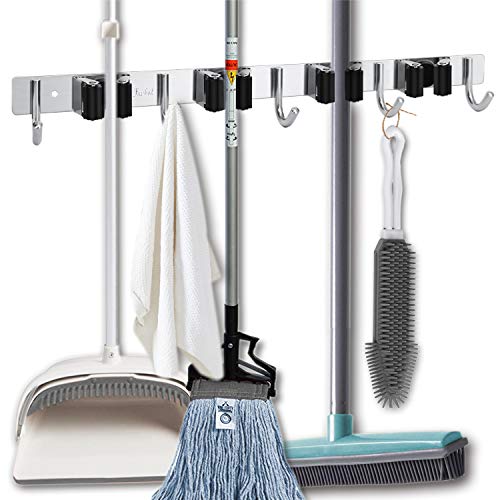Favbal Garage Storage Stainless Steel Mop Broom Holder Wall Mount Heavy Duty Tools Hanger with 4 Racks 5 Hooks for Kitchen Bathroom Closet Garage Office Garden