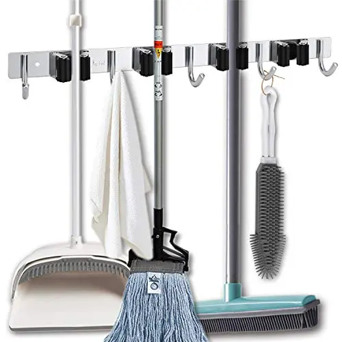 Favbal Garage Storage Stainless Steel Mop Broom Holder Wall Mount Heavy Duty Tools Hanger with 4 Racks 5 Hooks for Kitchen Bathroom Closet Garage Office Garden