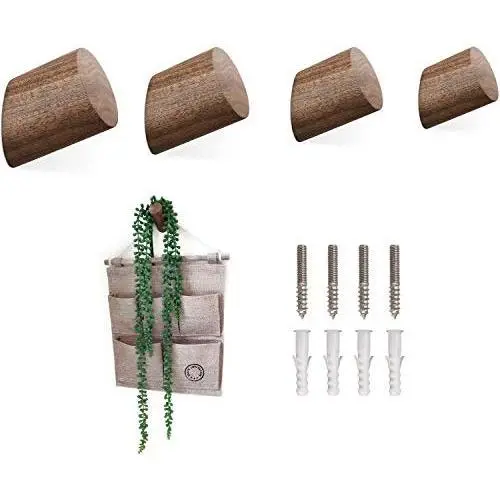 Anwenk Wooden Coat Hooks Large Wood Wall Hooks Wall Mounted Natural Modern Single Organizer Hangers Hat Hanger Towel Rack Clothes Hanger, Decorative Handmade Craft, 4Pack Large Size (Black Walnut)