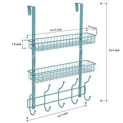 Neala Over The Door Hook 5 Double-Row Hooks & 2 Baskets Metal Shelf Hanger Door Hook 2 Tier Storage Rack for Coats, Towels, Bags (Aqua Blue)