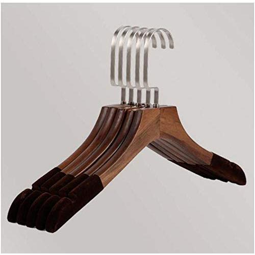 5Pcs Anti-Slip Solid Wood Clothes Hangers with Velvet Flocked, Walnut Non Slip Shirt Coats Shirts Hanger Rack with Notches