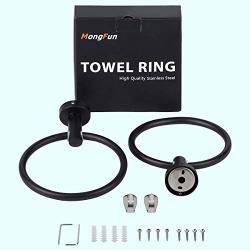 Towel Ring Black, Bathroom Hand Towel Holder Ring, Polished Shiny Black Bath Towels Hanger Hook, Round Rustproof Stainless Steel Kitchen Rings with Wall Mounted Hardware (2 Pack, Drill Needed)