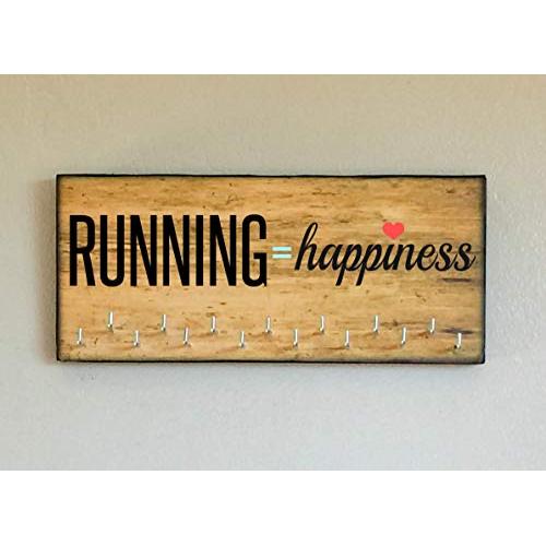 Race Medal Holder/Running Medal Hanger - RUNNING = HAPPINESS. Wood Wall Mounted Medal Organizer. CUSTOMIZATION Available