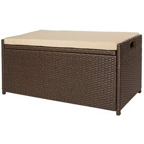 Victoria Young Resin Wicker Deck Boxes Storage Bench Container with Seat and Cushion Indoor and Outdoor Use, 60 Gallon, Espresso Brown
