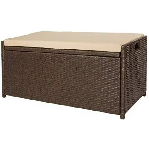 Victoria Young Resin Wicker Deck Boxes Storage Bench Container with Seat and Cushion Indoor and Outdoor Use, 60 Gallon, Espresso Brown