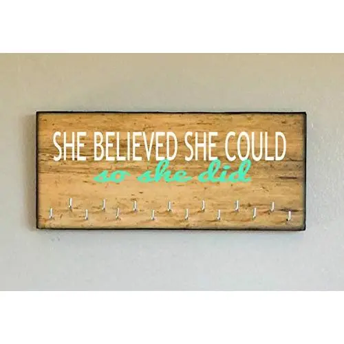 Race Medal Holder/Athletic Medal Hanger - SHE BELIEVED SHE COULD SO SHE DID. Wood Wall Mounted Medal Organizer. CUSTOMIZATION Available