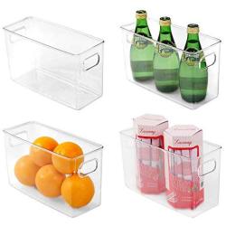 MoMA Kitchen Plastic Storage Organizer Bins (4 Packs) with Handles, Clear Container for Pantry, Cabinets, Shelves, Refrigerator, Freezer - 10" x 4" x 6" Deep - Food Safe, BPA Free