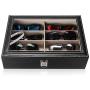 Plxixi Leather Sunglasses Organizer Box, Eyeglasses Display Case,Eyewear Jewelry Collection Case,Glasses Storage Holder Boxes with Glass Lid 8 Slots 13.2" L x 9.6" W x 3.3" H (Black, 8 Slot)