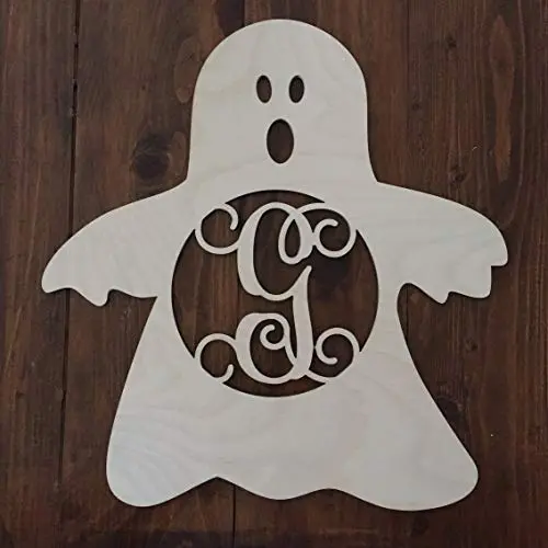 Unfinished Wood Ghost Monogram Hanger - Halloween Door Hanger - Ghost Initial Wreath - Fall Wall Hanger - Ghost Wreath - Halloween Decor