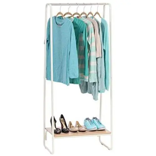IRIS Metal Garment Rack with Wood Shelf, White and Light Brown IRIS Metal Garment Rack with Wood Shelf, White and Light Brown
