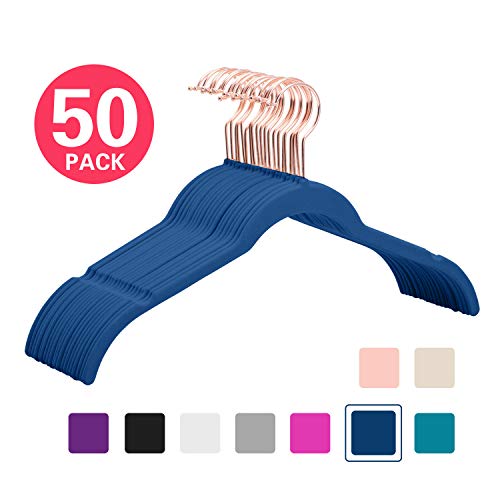 MIZGI Premium Velvet Shirt Hangers (Pack of 50) - Non Slip Felt Dress Hangers Dark Blue - Copper/Rose Gold Hooks,Space Saving Clothes Hangers (Dark Blue)