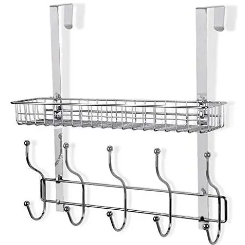 KEIMIX Coat Rack, Over The Door Hanger with Mesh Basket, Detachable Storage Shelf for Towels, Hats, Handbags, Coats (Chrome-1 Basket)
