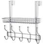 KEIMIX Coat Rack, Over The Door Hanger with Mesh Basket, Detachable Storage Shelf for Towels, Hats, Handbags, Coats (Chrome-1 Basket)