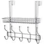 KEIMIX Coat Rack, Over The Door Hanger with Mesh Basket, Detachable Storage Shelf for Towels, Hats, Handbags, Coats (Chrome-1 Basket)
