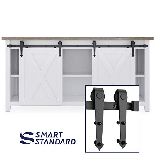 SMARTSTANDARD 6FT Mini Sliding Barn Door Hardware Track Kit -Super Smoothly and Quietly -for Double Opening Cabinet, TV Stand, Closet, Window -Fit 18" Wide Door Panel - Arrow Hanger (NO Cabinet)