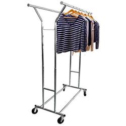 Cypress Shop Rolling Double Clothing Rail Rack Bar Commercial Grade Steel Garment Laundry Clothes Hanger Holder Adjustable Hanging Indoor Outdoor Coat Hanging Dryer Drying Cart Home Furniture