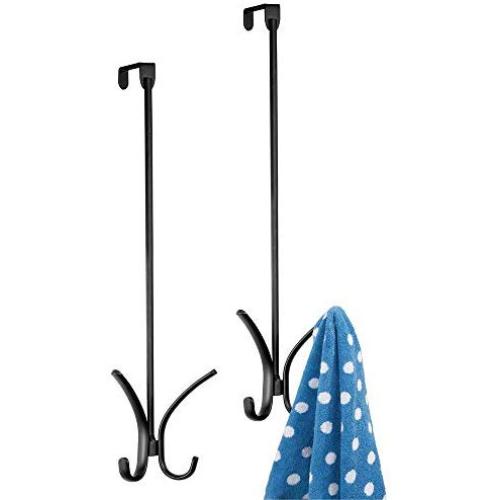 mDesign Metal Modern Over The Door Long Easy Reach Storage Organizer Rack - Hang Coats, Jackets, Hoodies, Hats, Scarves, Purses, Leashes, Towels, Robes, Clothing - 17" Tall, 4 Hooks - 2 Pack - Black