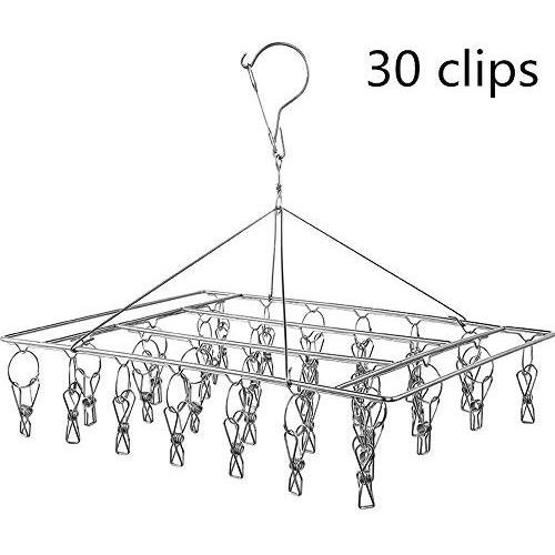 Iddefee Clothes Hanger 30 Clips Hanging Drying Rack Laundry Drip Hanger Stainless Steel Space Saving Racks for Socks Baby Clothes Bras Towel Underwear Pants Hangers (Color : Silver, Size : 40x30cm)