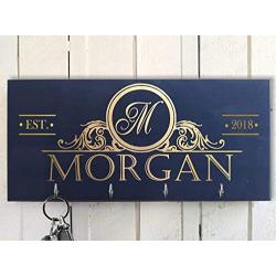 Personalized Black-Gold Key Holder for wall, Monogram key holder, Charcoal Key Holder, Key Hanger, Family name Last Name Wall Key Rack,Custom Gift, Wedding Gift, Closing Gift, Real Foil Letters