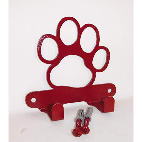 Dog Leash Hook Hanger. Dog Paw. Cherry Red Color. Made in USA. Solid Steel. Screws Included.