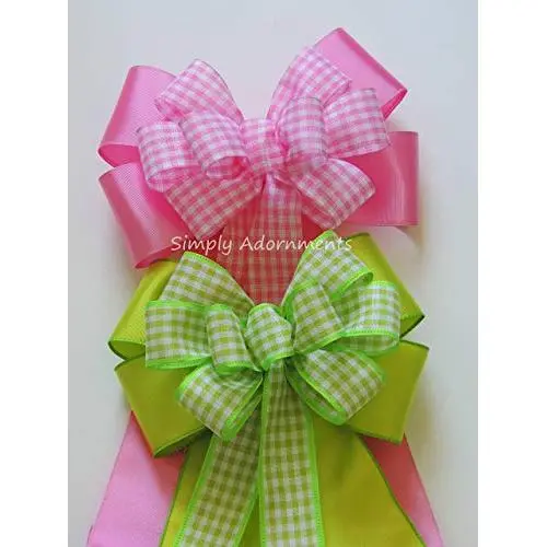 Pink or Lime Gingham Bow Pink Baby Shower Decor, Pink Spring Check Wreath Bow Easter Spring Check Door Hanger Bow Pink Green Monogram Decor Lime Baby Shower, Birthday Party Decorations