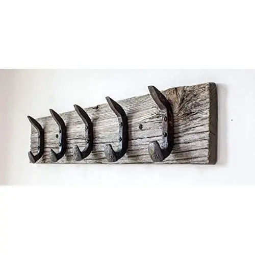 Vintage Rustic Coat Rack ?Authentic Barn Wood Hanger Rack for Towels, Clothes, Hats, Bags?Antique Door & Wall Mounted 5-Hook Rail (Railroad Spike Double Hook- 32&quotx5?&quotx 7/8&quot, Gray)