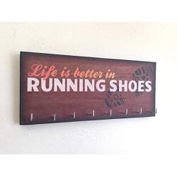 Race Medal Holder/Running Medal Hanger - LIFE IS BETTER IN RUNNING SHOES (flame). Wood Wall Mounted Medal Organizer