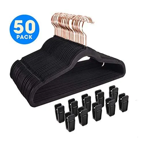 Finnhomy Heavy Duty 50 Pack Clothes Hangers with 10 Multiple Use Finger Clips, Durable Slim-Line Velvet Hangers Non-Slip Sturdy Clothing Hangers with Copper/Rose Gold Hook, Black