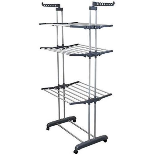 BonBon 3 Tier Clothes Drying Rack Folding Laundry Dryer Hanger Compact Storage Steel Indoor Outdoor (Gray/White)