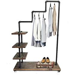 Diwhy Industrial Pipe Clothing Rack Pine Wood Shelving Shoes Rack Cloth Hanger Pipe Shelf Garment Racks (Style 4)