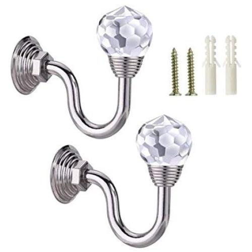 1 Pair(2Pcs) Retro Crystal Wall Window Decorative Curtain Drapery Tieback Hanger Holdbacks Clip Ring Rod Wall Bracket Hook Hanger Holder for Curtain Clothes Hat Coat Shoulder Bag Towel(Silver)