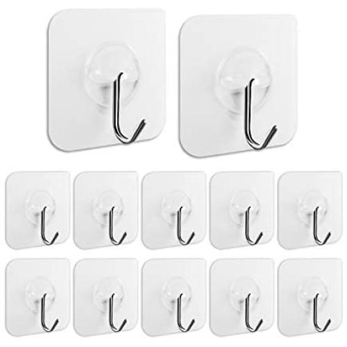 LOPEN STU Premium Wall Hooks, 22 lbs(MAX) Heavy Duty Self Adhesive Hooks, Nail Free Transparent Seamless Hooks, Waterproof and Oilproof, Suitable for Bathroom Kitchen Reusable Utility Hooks -12PCS