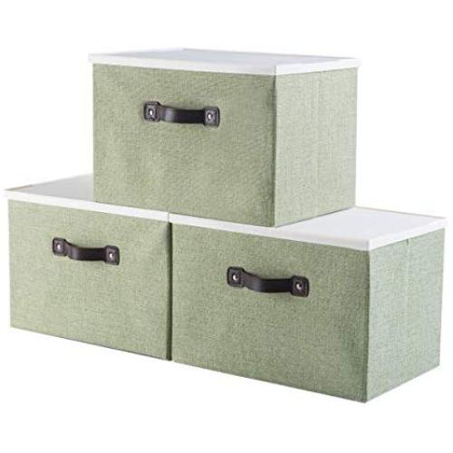 iFlower Storage Bin Foldable Storage Cubes Boxes with Lid Handles Collapsible Storage Basket Containers Organizer (Green,3-Pack)